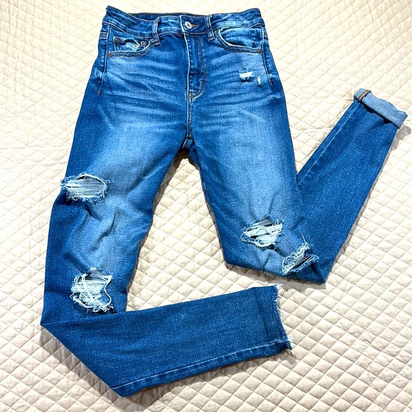 American Eagle High Rise Super Stretch Jeans Size 4L Unfinished Hem Distressed - Picture 3 of 9